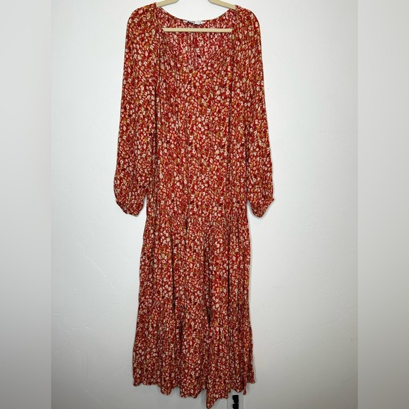 Sonoma Floral Maxi Dress Tiered Hem Drop Waist Autumn Red Yellow Boho Cottage XL - Picture 11 of 13